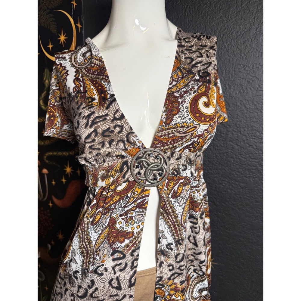 Notations Paisley Leopard Print Empire Waist Buckle Top Brown Orange XL
